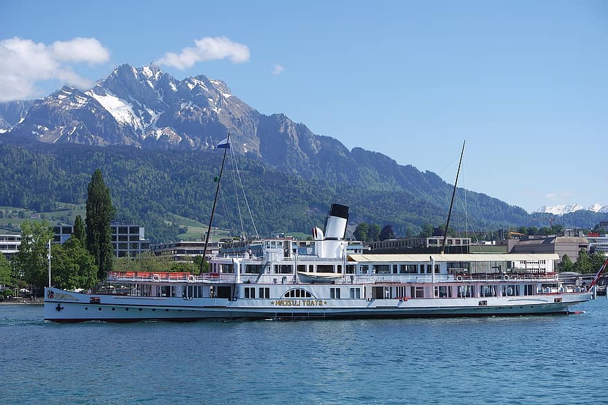 船、蒸気船、山、蒸し器、スイス、ルツェルン、ルツェルン湖水地方、観光、ランドマーク