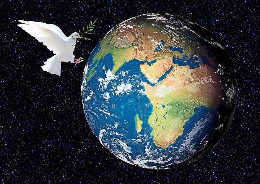 terra, globo, mundo, planeta, cosmos, pomba da paz, paz mundial, símbolo, harmonia, continentes, pomba