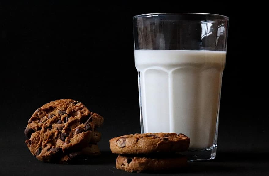 biscotti, latte, bicchiere, prima colazione, biscotti al cioccolato, Pasticcino, cibo, bere, bevanda, salutare, nutrizione