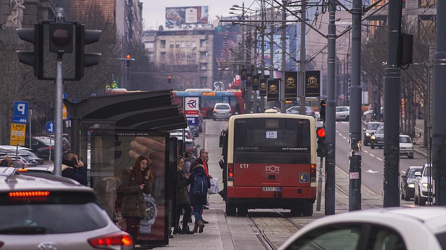 Beograd, serbia, stasjon, buss, transportere, vei, gate, kjøretøy, passasjerer, utendørs, by
