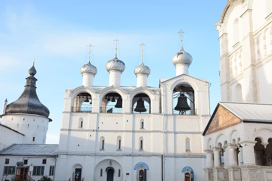 campanario, campana, Rusia, Rostov, blanco, pared, museo, cristianismo, arquitectura, religión, culturas