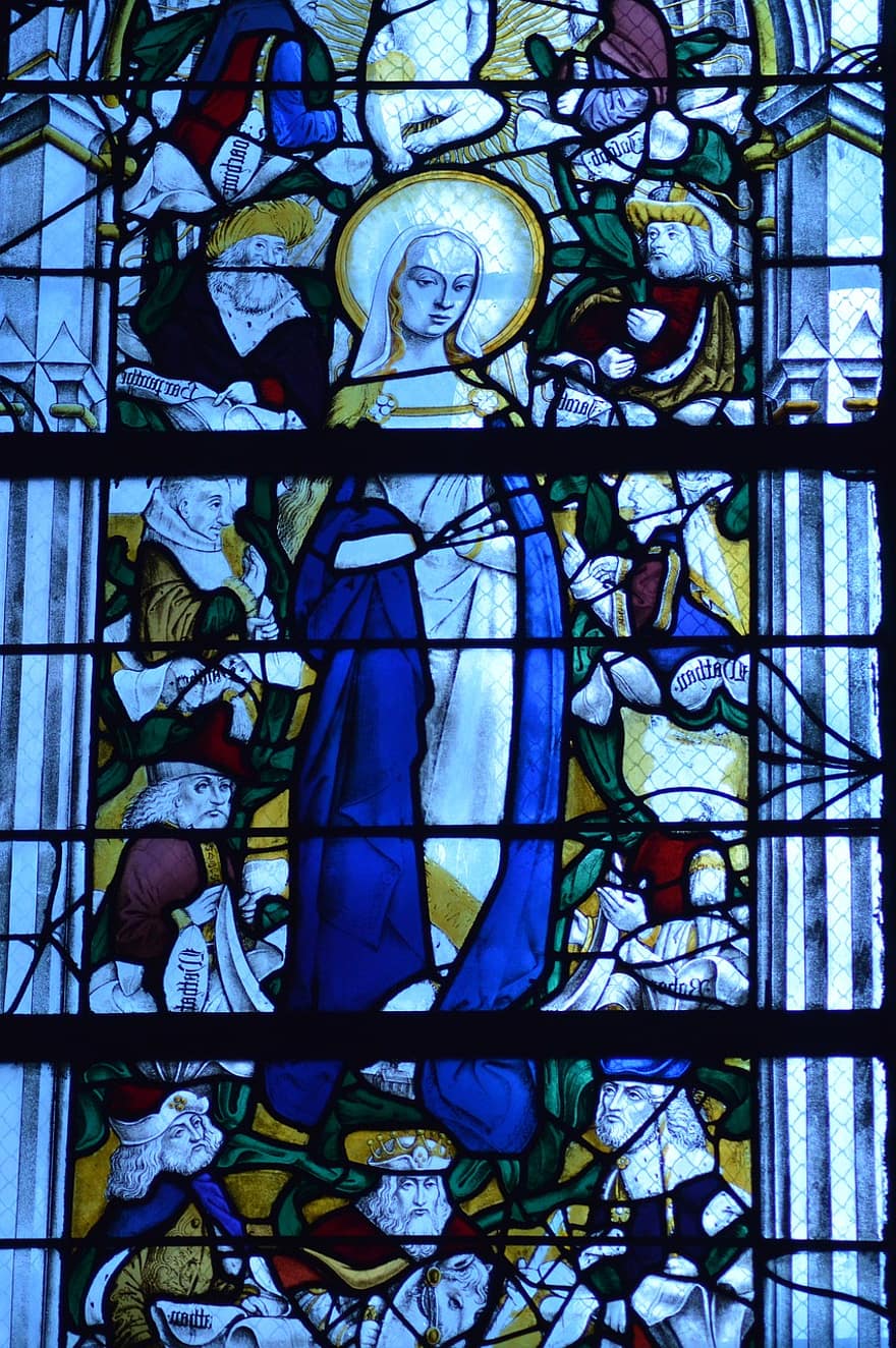 vitrail, la fenêtre, église, Saint, Vierge Marie, Halo, manteau bleu, Innombrable, personnages, catholique, coloré