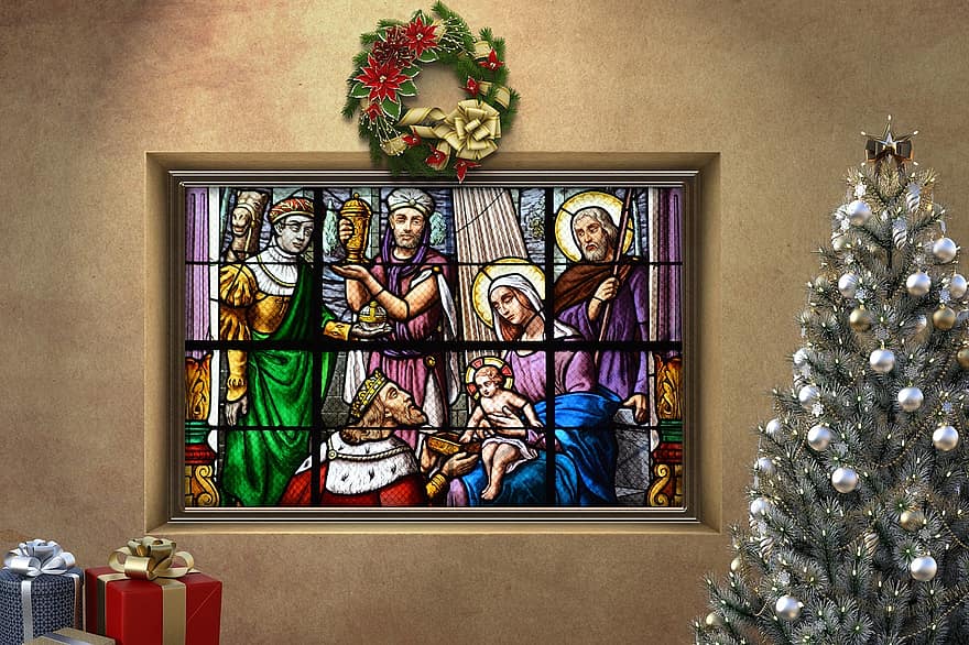คริสต์มาส, ฉากการประสูติ, พระเยซู, เปล, คริสต์, หน้าต่าง, กระจกสี, ต้นไม้, ของขวัญ, กรอบ, พวงมาลัย