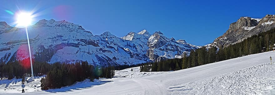 Mountains, Nature, Switzerland, Kandersteg, Oeschinen Lake, snow, mountain, winter, landscape, forest, blue