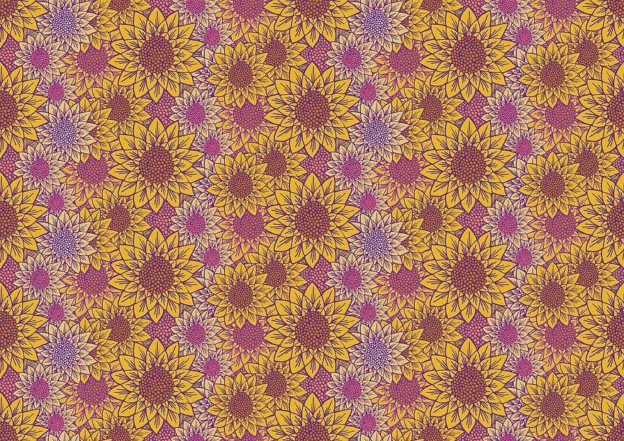 žlutý květinový vzor, slunečnice pozadí, žluté květy, květinové pozadí, textilní design, tkanina design, květiny, slunečnice, balicí papír, stacionární, vzor