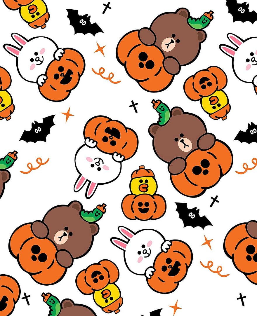 Pumpkin, Bear, Bat, Bunny, Chicken, Pattern, Haloween, Background