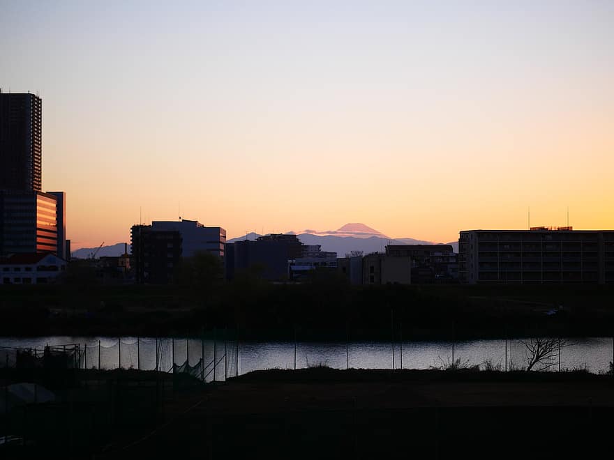 Fuji-vuori, vuori, auringonlasku, luonto, matkustaa, matkailu, hämärä