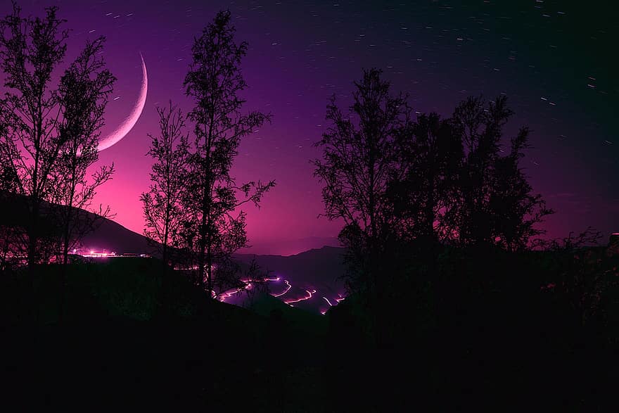 nacht, bomen, bergen, halve maan, atmosfeer, buitenshuis, sterrenhemel, dramatisch, schoonheid nacht, landschap, silhoutte