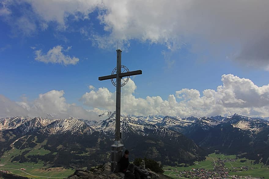 montañas, Allgäu, cruz cumbre, Alpes, nieve, panorama, naturaleza, paisaje, baviera, cumbre, nubes