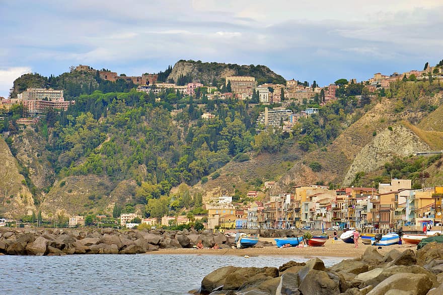 strand, tenger, csónak, óceán, víz, hegy, város, építészet, szikla, Olaszország, Szicília