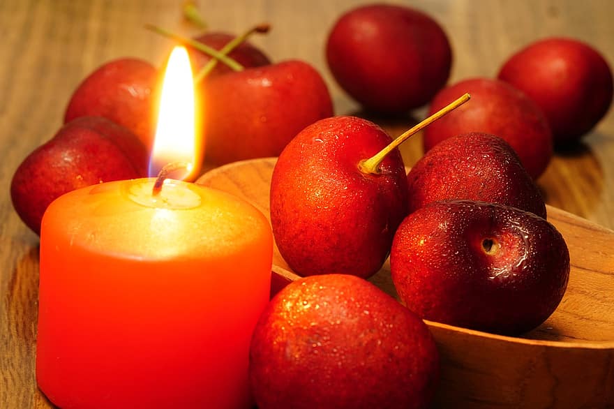 Cherry, Candle, Orange, Fruit, freshness, close-up, food, apple, wood, backgrounds, healthy eating