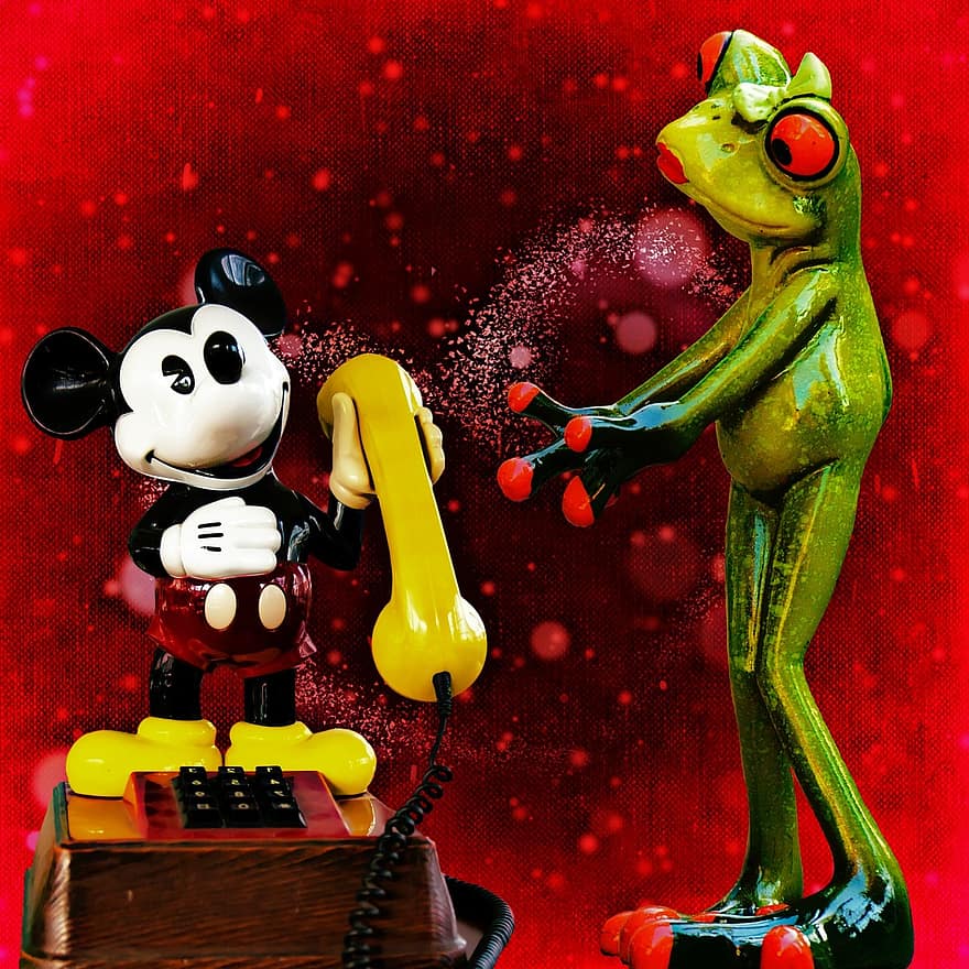 con ếch, chuột Mickey, điện thoại, giao tiếp, gọi, thuc hien cuoc goi, vui vẻ, người gọi, nghe, chìa khóa, kết nối