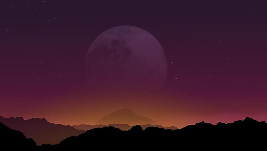 lună, stele, munţi, noapte, cer, fantezie, vis, minimalist, natură, peisaj