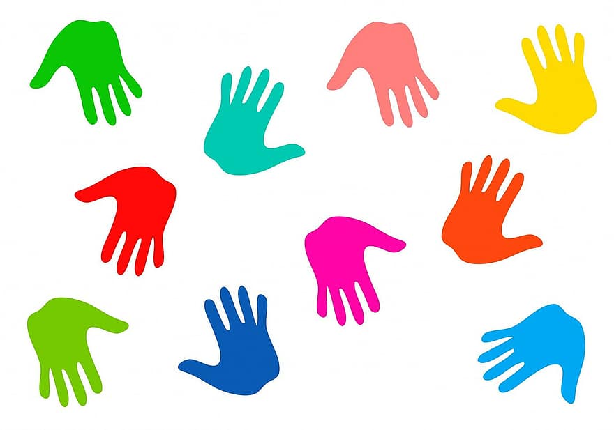hænder, håndaftryk, håndtryk, børn, farver, anatomi