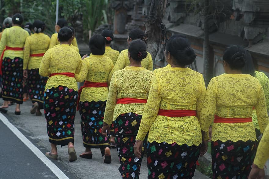 kvinnor, mode, vänner, grupp, bali, indonesien, kulturer, män, traditionell klädsel, traditionell festival, inhemsk kultur