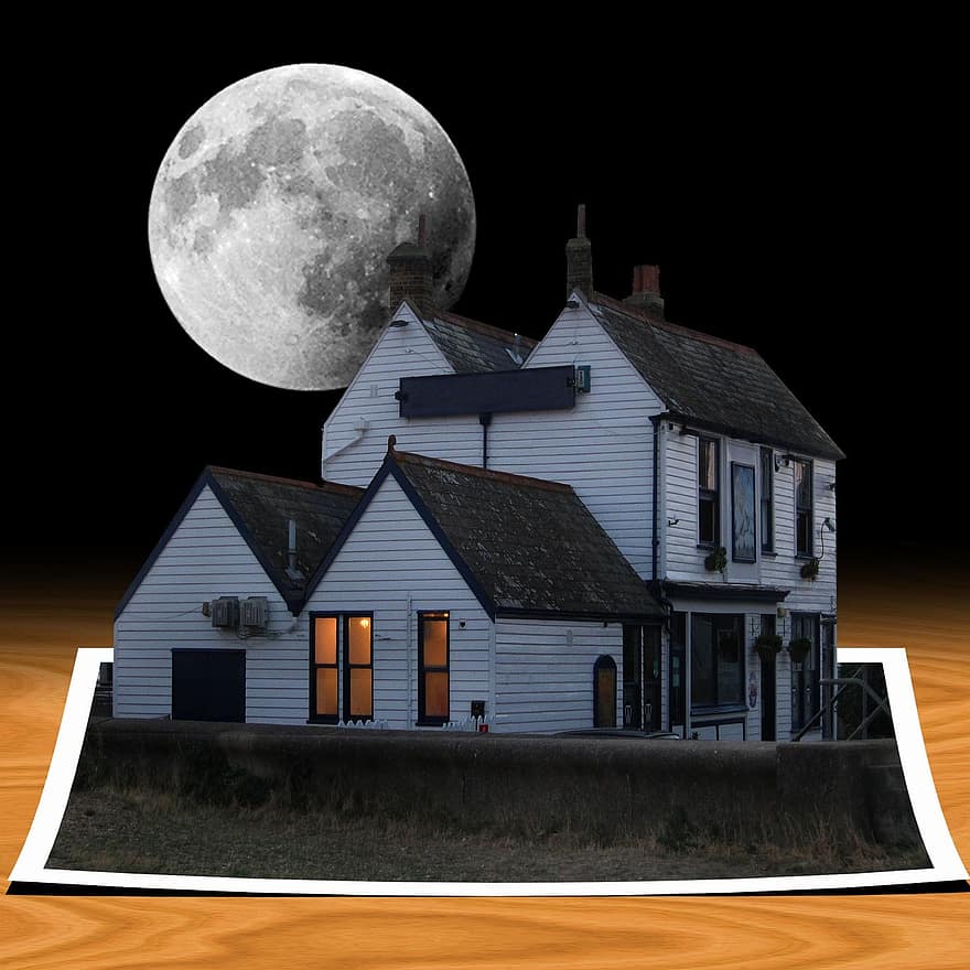 hus, måne, kort, nat, himmel, mørk, digital, halloween, hjemsøgt, skræmmende
