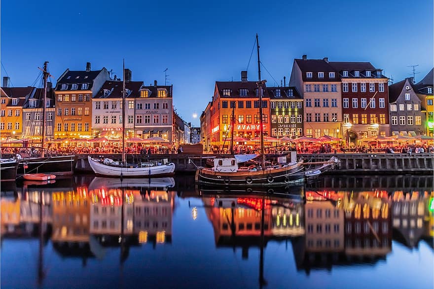 bangunan, pelabuhan, matahari terbenam, copenhage, Denmark, penuh warna, kota Tua, sejarah, kuno, vintage, malam