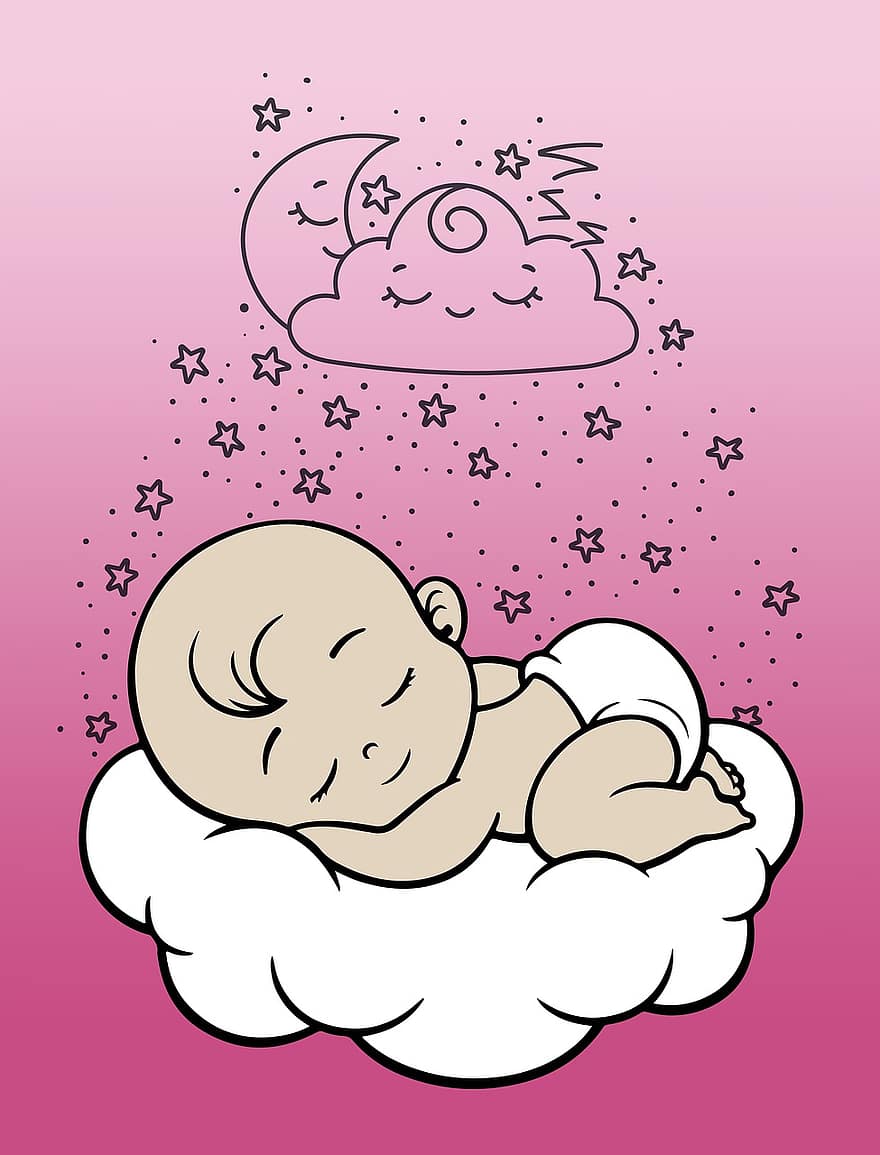 sova, bebis, dröm, nyfödd, moln, himmel, stjärnor, tecknad serie, flicka, dotter, moderskap