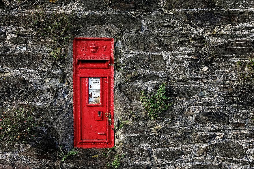 cutie poștală, perete, epocă, piatră, post, roșu cutie poștală, victoriană, vechi