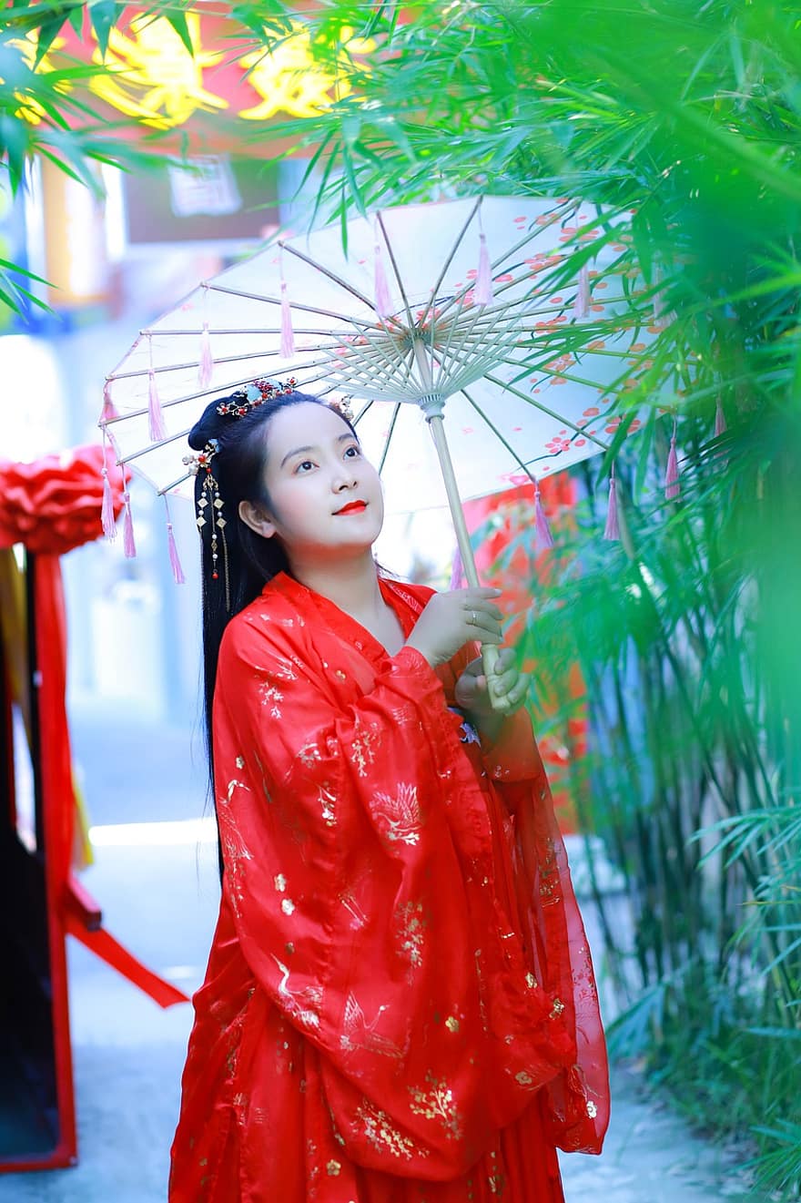 donna, modello, chimono, ombrello, trucco, tradizionale