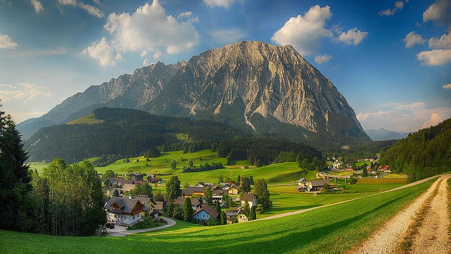 Mountains, Town, Village, Houses, Trees, Forests, Fields, Meadows, Mountainous, Mountain Landscape, Rural