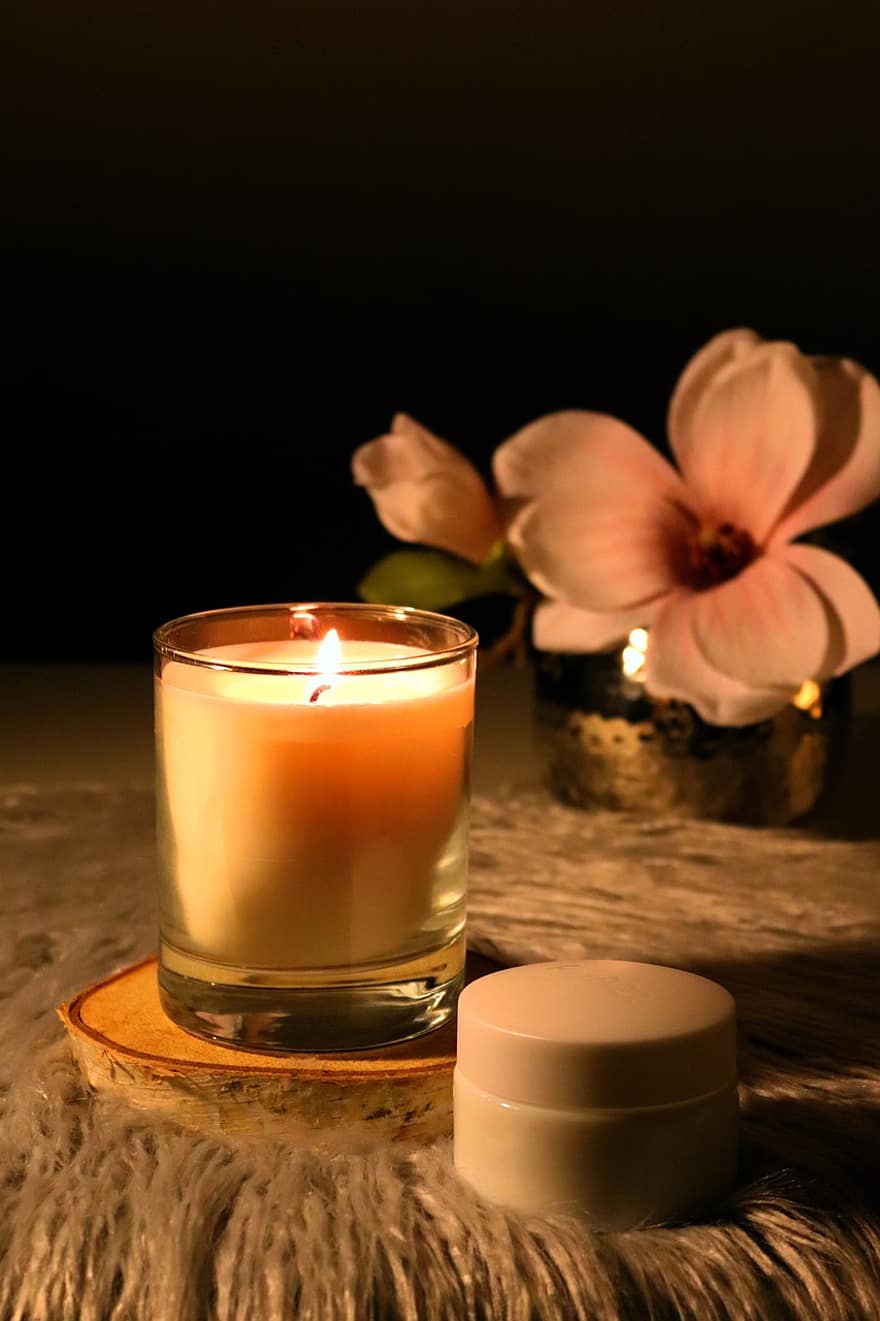 Candle, Candlelight, Magnolias, Blossom, Bloom, Relaxation, flame, fire, natural phenomenon, close-up, burning
