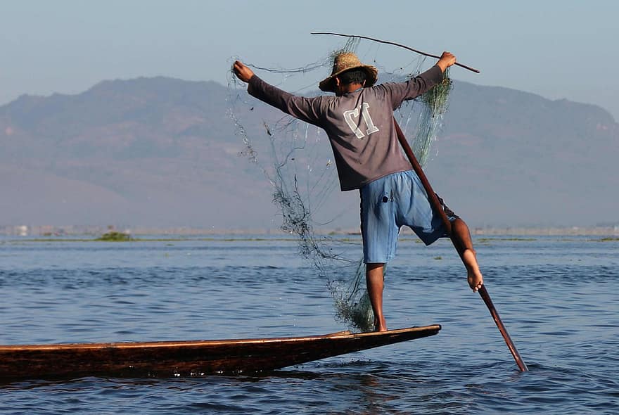 vaixell, pescador, llac, peix, mar, aigua, vaixell de pesca, sortida del sol, equilibri, asia, Myanmar