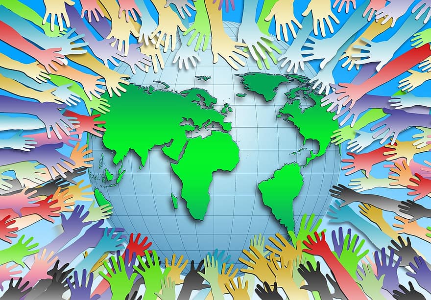 acceso, muchos, manos, continentes, globo, internacional, tierra, juntos, comunidad, vistoso, multicolor