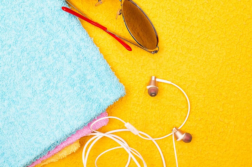 лято, слушалки, слънчеви очила, заден план, пътуване, плаж, фонове, спорт, оборудване, едър план, жълт