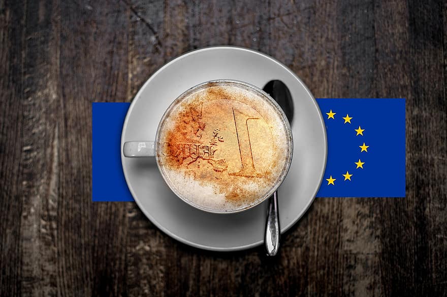 コーヒー、フォーム、ユーロ、ヨーロッパ、旗、寄付、カプチーノ、カップ、ドリンク、エスプレッソ、テーブル