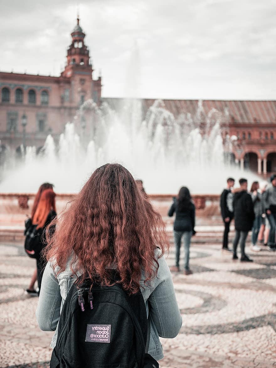 Girl, Backpack, Fountain, Portrait, Woman, Female, Tourist, Leisure, Vacation, Outdoors