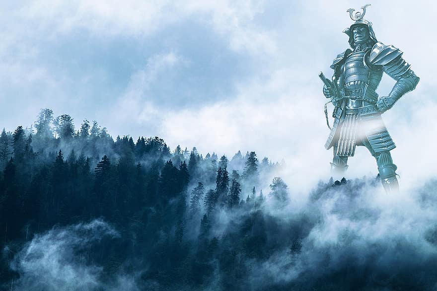 fantasía, Caballero, gigante, guerrero, titán, niebla, bosque, nubes, místico, cuento de hadas