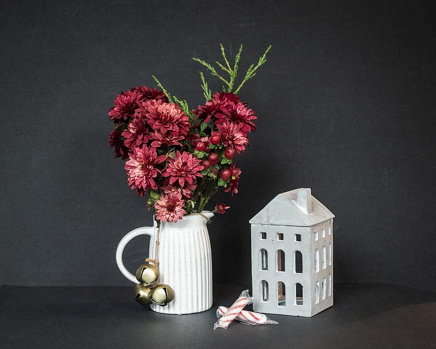 Flowers, Bells, Christmas, Festive, vase, flower, wood, decoration, bouquet, table, gift