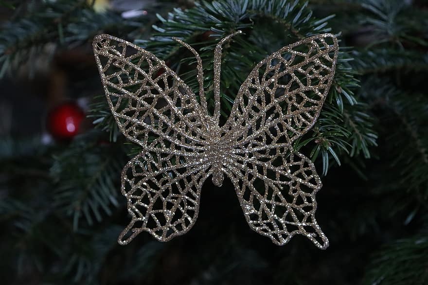 mariposa, decoración, Navidad, ornamento, árbol, de cerca, invierno, rama, antecedentes, celebracion, regalo