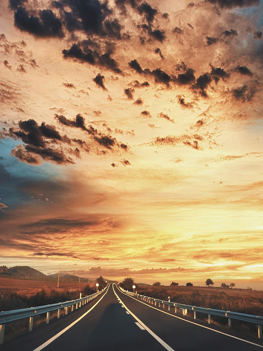 autopista, paisaje, puesta de sol, camino, montañas, oscuridad, Dom, nube, cielo, luz del sol, viaje