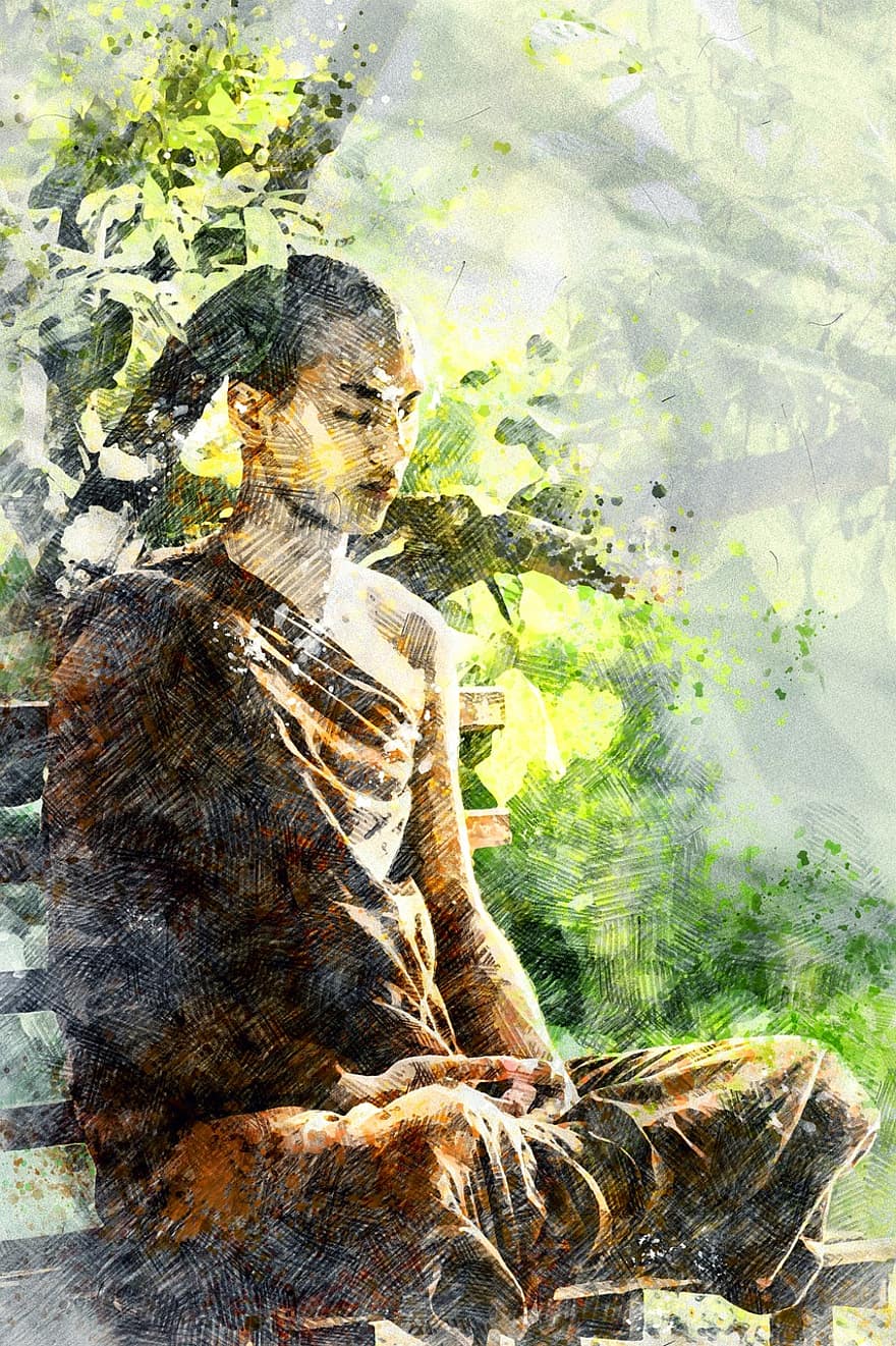 Meditation, Mönch meditiert, Theravada-Buddhismus, Religion, religiös, Mönch, männlich, Mann, Person, Mensch, meditieren