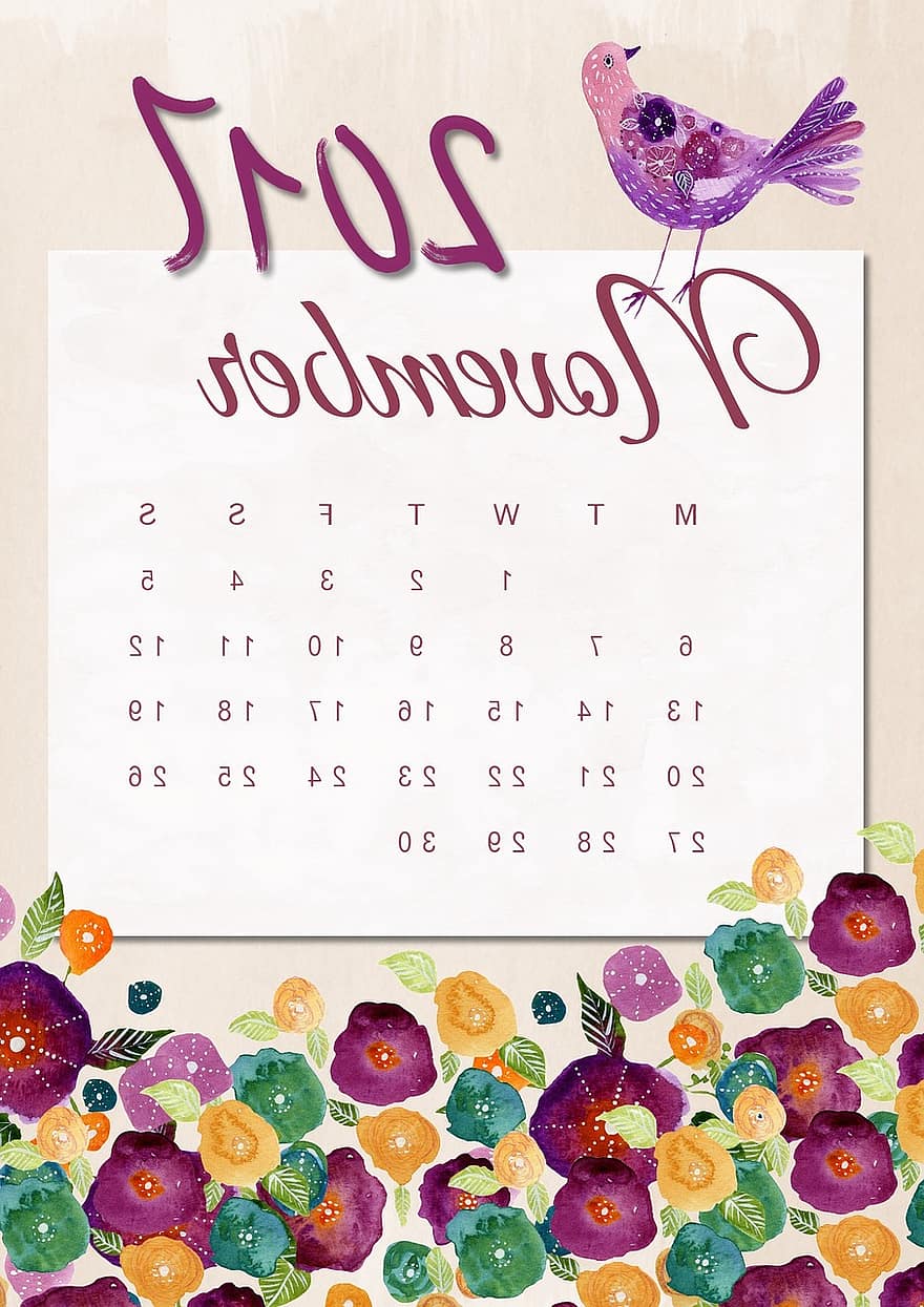 listopad, kalendář, 2017, květinový, pták, romantický, design, dekorace, rok