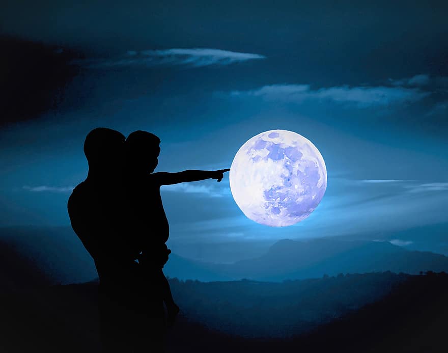 Papai, criança, lua, noite, fantasia, toque a lua, tons, querida, nuvens, paisagem noturna, pessoas