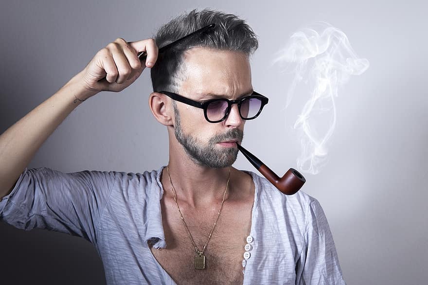 modelo, tubo, pente, óculos, Penteado, fumar, atitude, arrogante, homem, tabaco, masculino