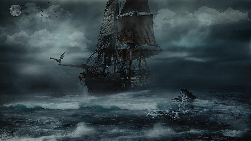 burza, pirat, morze, morski, łódź, niebo, ciemny, żaglówka, ptaki, woda, ocean