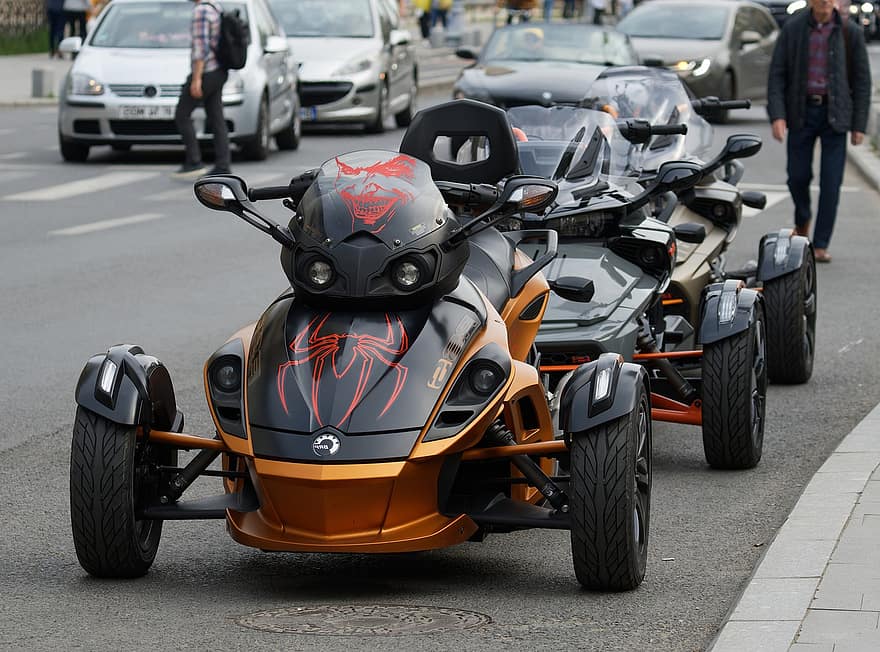 Brp Can-am Spyder Roadster, мотоцикли, транспортних засобів, три колеса, припаркований, вул, дорожнього руху, автомобілів, місто, міський, швидкість