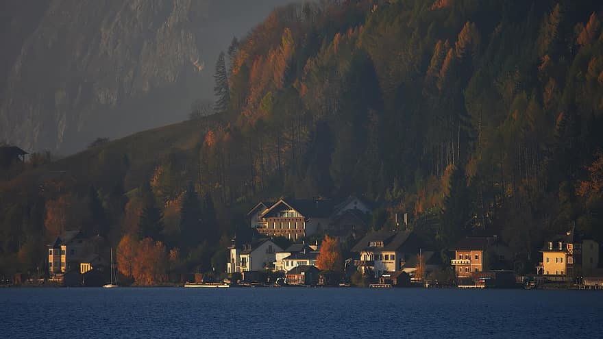 munţi, lac, coastă, mal, clădiri, case, oraș, Gmunden, Austria, Traunsee, Alpi
