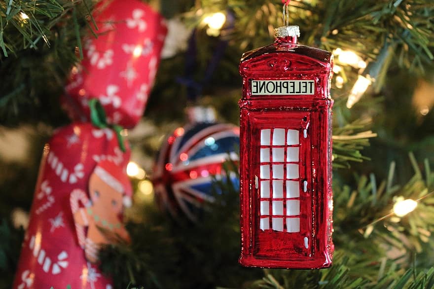 Brad de Crăciun, decor, vacanţă, sezon, Crăciun, cabina telefonica, copac, iarnă, celebrare, iluminat, culturi