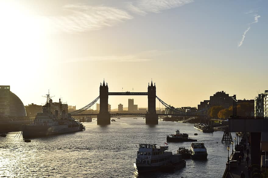 bro, flod, fartyg, båtar, stad, strukturera, London Bridge