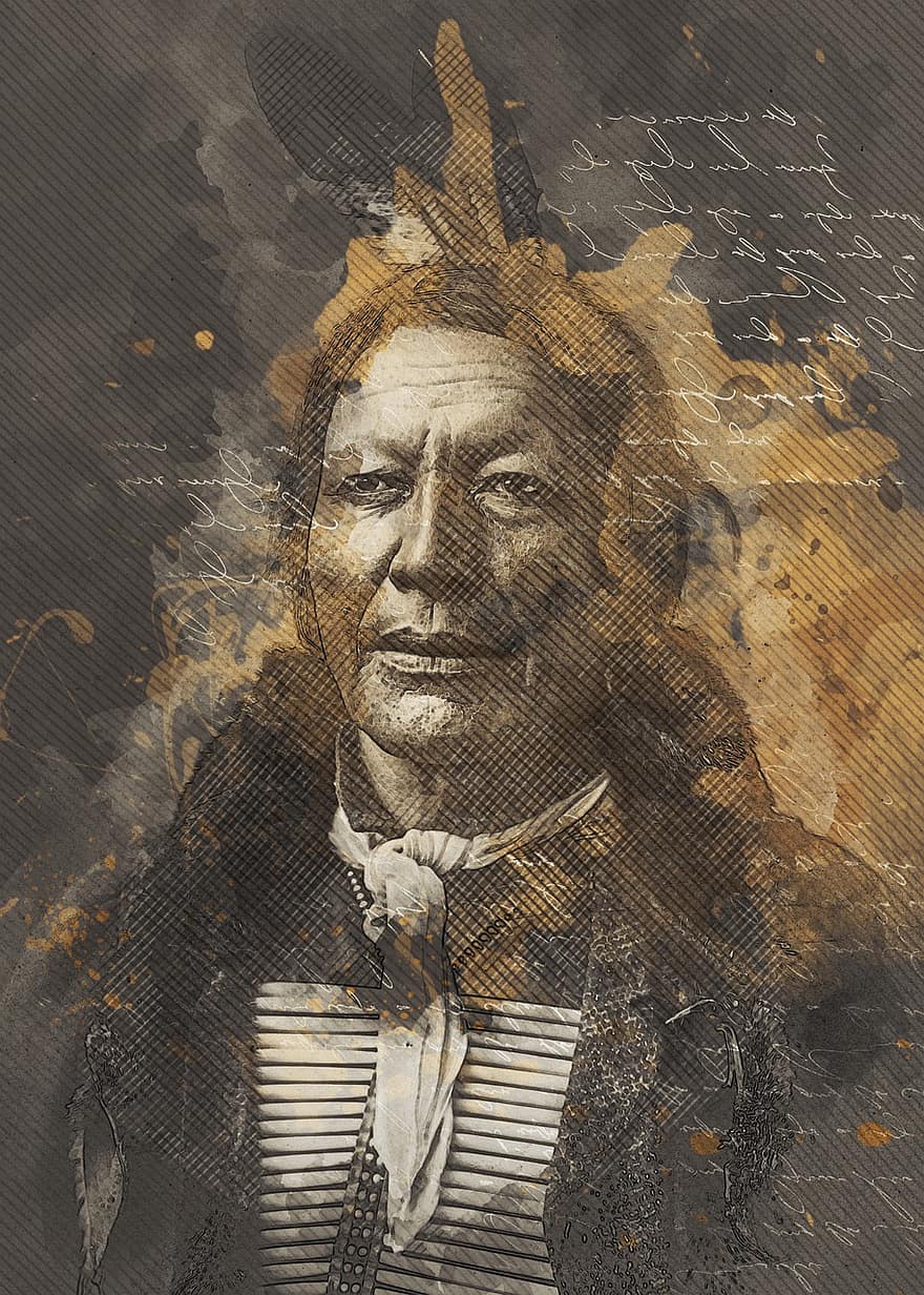 Native American, Man, Person, Chief, Chieftain, Fire Lightning, Vintage, Portrait, Bone, Breastplate, Two Feathers