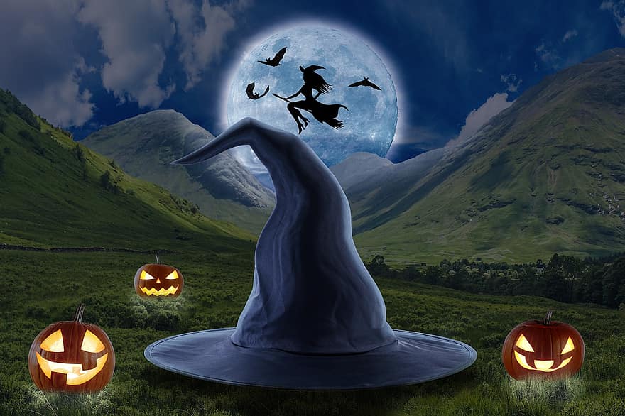 háttér, halloween, sütőtök, boszorkány kalap, kalap, boszorkány, denevérek, hold, ég, sötét, hegyek