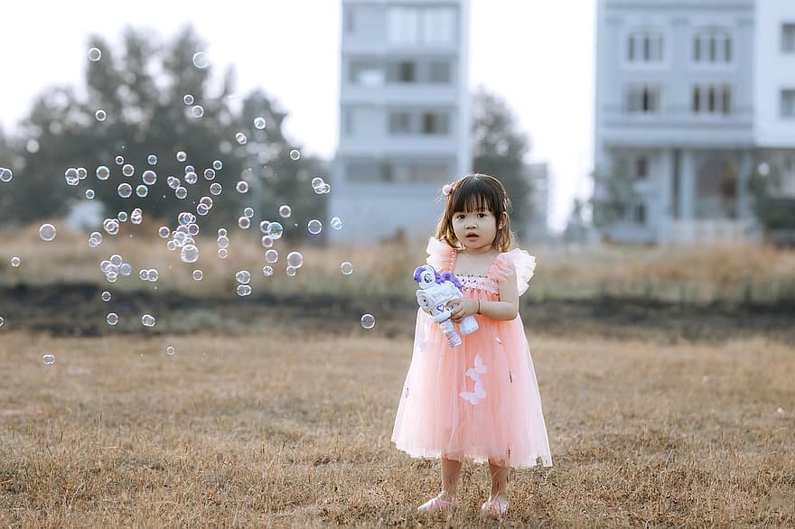 Girl, Bubbles, Dress, Kid, Child, Young, Play, Fun