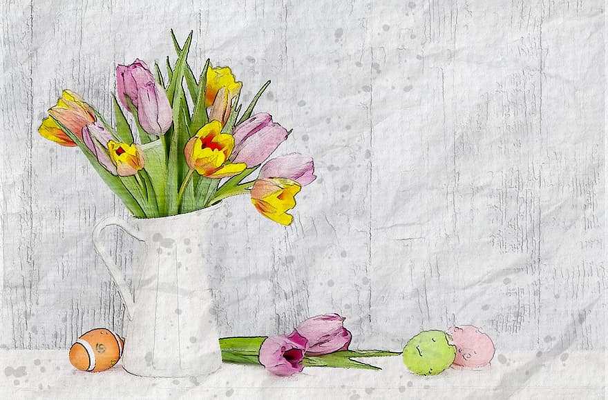květ, barvitý, tulipány, váza, bílý, krytý, umění, práce, stůl, růžový, zelená