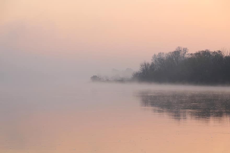 alba, fiume, nebbia, Alba, natura, acqua, riflessione, mattina, nebbioso, silhouette