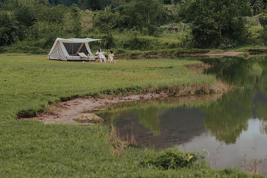 campament, llac, vora del llac, càmping, naturalesa, estiu, tenda, herba, aigua, homes, viatjar